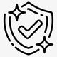 Black line art icon of a shield with a checkmark and sparkles.