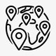 Black line art map icon with multiple location pins scattered across a stylized globe.