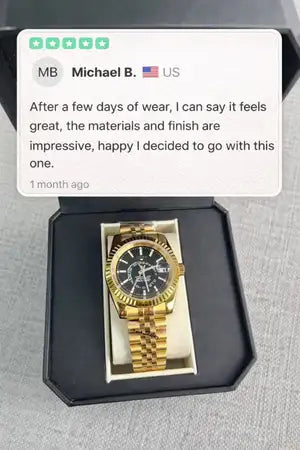 Gold-tone stainless steel rolex day-date watch with a black dial and fluted bezel.