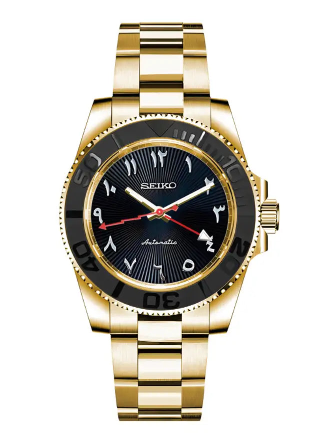 Gold-toned seiko automatic watch with a black dial featuring arabic numerals and red second hand.