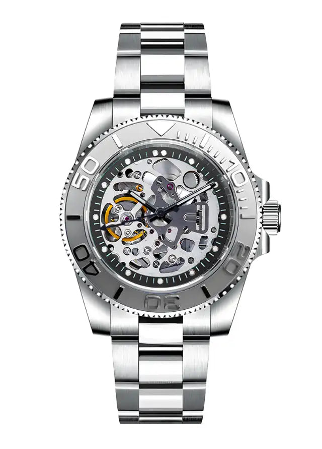 Silver-toned skeleton watch with a polished stainless steel bracelet and case, showcasing its intricate mechanical movement through the transparent dial.